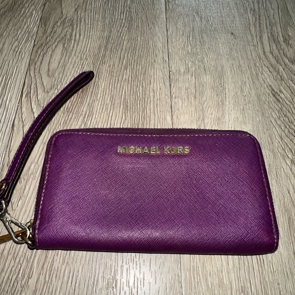 MK Michael Kors Purple Maroon Leather Multi Function Phone Zip Wallet Wristlet